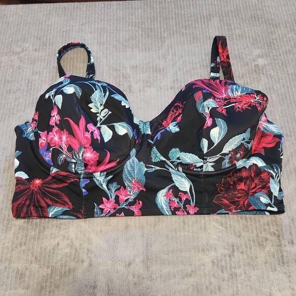 Torrid  2 DD/F Mystical Forest Floral Black Underwire Long Line Bikini Top Swim - Picture 1 of 3